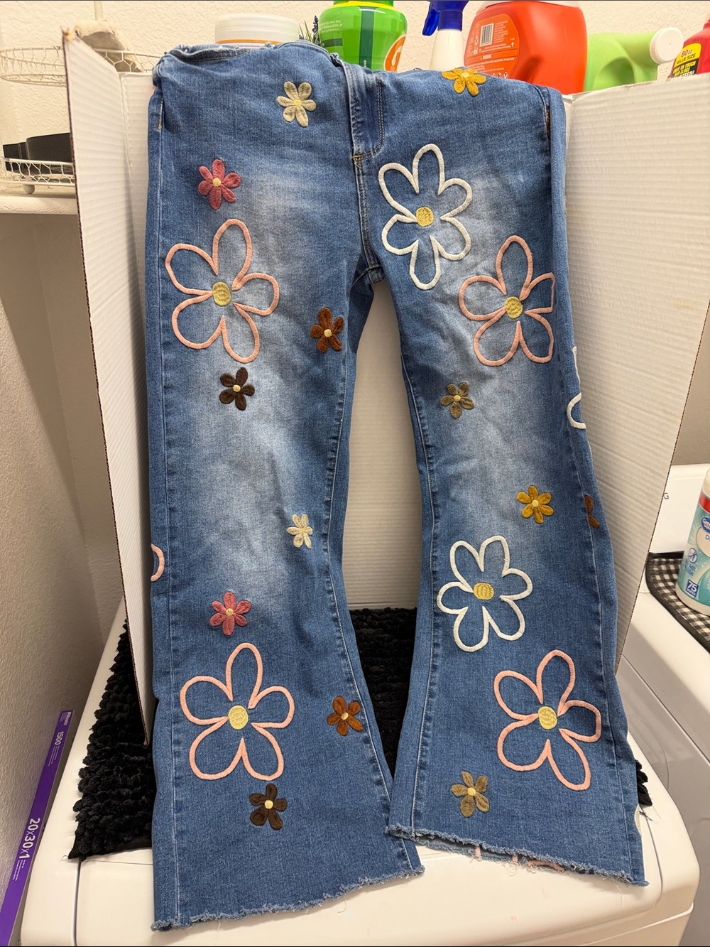 Oli & Hali Blue Denim Flare Jeans with Multicolor Floral Embroidery